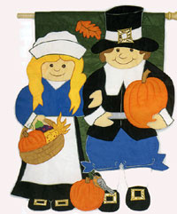 View Thankful Pilgrims Applique Garden Flag 12"x16" - 16203EG