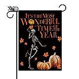 View Fall Garden Flag Skeleton Pumpkin Leaf Black Linen Double Sided Autumn Seasonal Patio Yard Lawn Outdoor Decorations 12.5x18 Inch - 