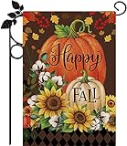 View Happy Fall Garden Flag Burlap Autumn Vertical Double Sided Fall Thanksgiving Pumpkin Garden Flag Yard Outdoor Decoration 12.5 X 18 Inch - 