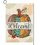 View ORTIGIA Fall Pumpkin Welcome Garden Flag Blurap Vertical Double Sided 12x18inch Autumn Watercolor LeoPard and Buffalo Check Plaid Pumpkin Flag Fall Thanksgiving Farmhouse Seasonal Holiday Yard Décor - 