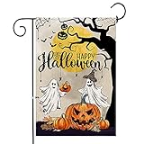 View KamaLove Happy Halloween Garden Flags 12 x 18 Double Sided-Cute Ghost Bat Pumpkin Garden Flag-Premium Burlap Mini Spooky Pumpkins Halloween Flags for Outside-Decoration Small Funny Halloween yard flag - 