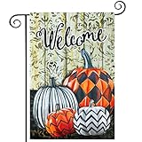 View Welcome Fall Garden Flag, hogardeck 12.5x18 Inch Vertical Double Sided Buffalo Plaid & Stripes Pumpkin Yard Flag, Fall Decorations for Home, Farmhouse Holiday Halloween Decorations Outdoor - 