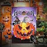 View Lighted Pumpkin Halloween Garden Flag, LED Halloween Flag 12 X 18 Double Sided, Pumpkin Halloween Sign Banner, Black Cat Bat Halloween Outdoor Decorations, Halloween Yard Decorations - 