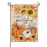 View Artofy Thanksgiving Thankful Grateful Blessed Small Decorative Garden Flag, Fall Autumn Pumpkin Sunflower Leaves Yard Lawn Outside Decor, Buffalo Plaid Check Farmhouse Outdoor Home Decoration 12x18 - 