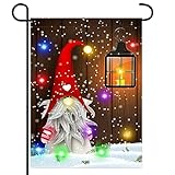 View Colorful Lighted Christmas Garden Flag, Double Sided Gnome Yard Decoration for Xmas Holiday Party, Seasonal Winter Banners for Outdoor Home House - 