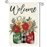 View AVOIN colorlife Christmas Flowers Welcome Garden Flag 12x18 Inch Double Sided Outside, Mason Jar Holly Poinsettia Festive Holiday Yard Outdoor Decorative Flag - 