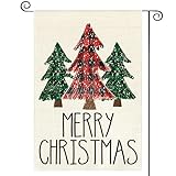 View AVOIN colorlife Merry Christmas Garden Flag 12 x 18 Inch Double Sided Outside, Buffalo Plaid Christmas Tree Holiday Yard Outdoor Decorative Flag - 