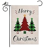 View Merry Christmas Garden Flag 12 x 18 Inch Double Side Buffalo Check Plaid Christmas Tree Yard Flag for with Winter Holiday House Outdoor Decor - 