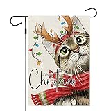 View CROWNED BEAUTY Merry Christmas Cat Garden Flag 12x18 Inch Small Double Sided Burlap for Outdoor Yard Winter - 