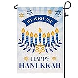 View Happy Hanukkah Garden Flag Double Sided Burlap Flag for December Chanukah Decoration - Menorah Star of David Jewish Holiday Garden Outdoor & Yard Decoration Flag (12x18 Inch) - 