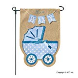 View New Baby Banner Baby Boy Garden Flag, Yard Sign, Car Decoration - Blue Carriage Baby Buggy Design On Burlap Banner - 12x18 - Home Garden Flag - 