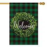View AVOIN Boxwood Wreath Welcome House Flag Vertical Double Sided, St Patrick Spring Buffalo Check Plaid Rustic Farmhouse Burlap Flag Yard Outdoor Decoration 28 x 40 Inch - 